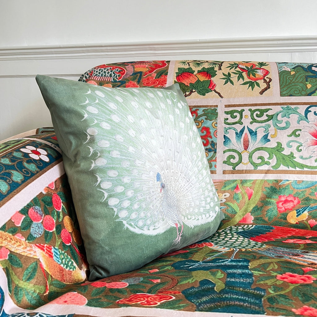 Green Velvet Peacock cushion 2