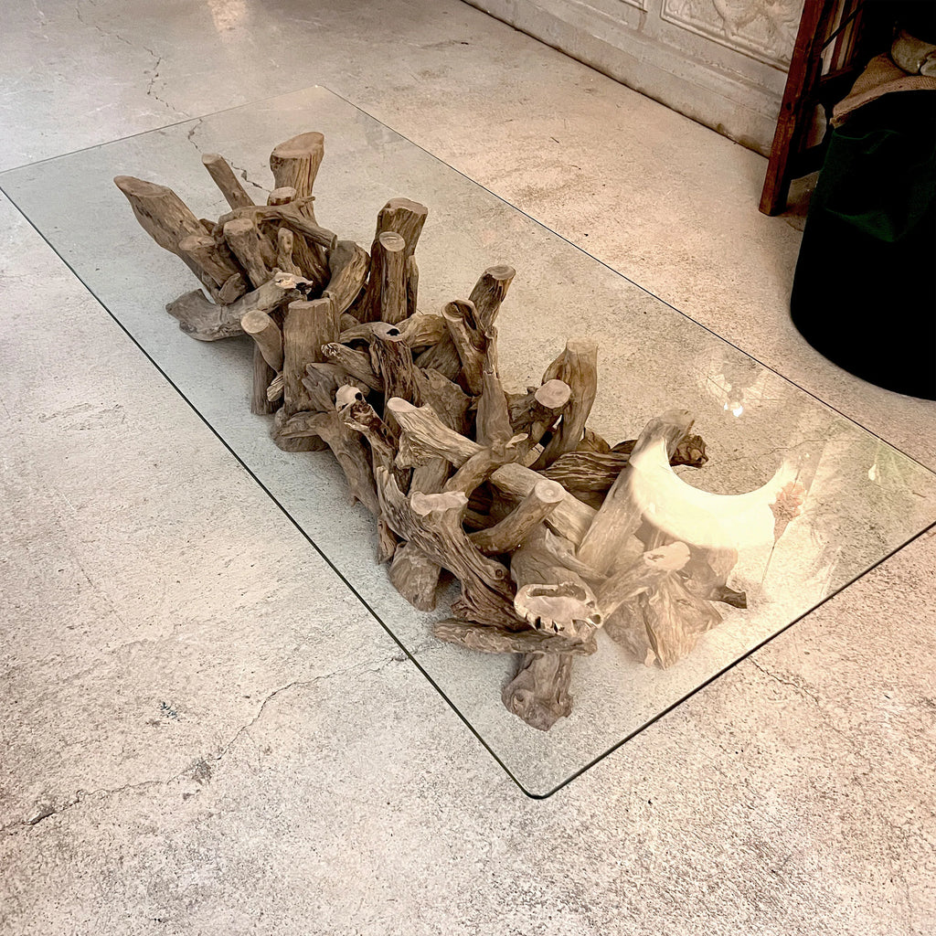 Organic Shaped Rectangular Driftwood Coffee Table with Glass Top