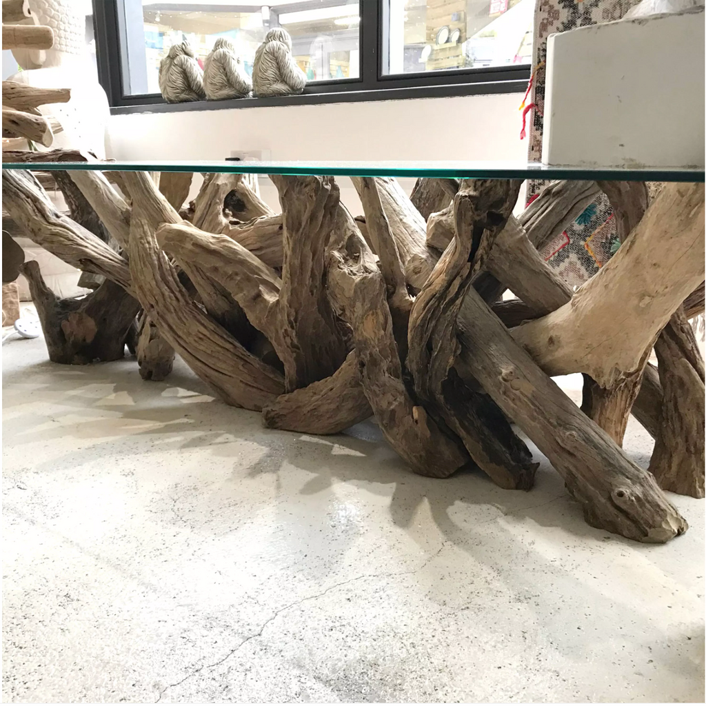 Slim Rectangular Driftwood Coffee Table 185cm x 65cm x 45cm high With Glass