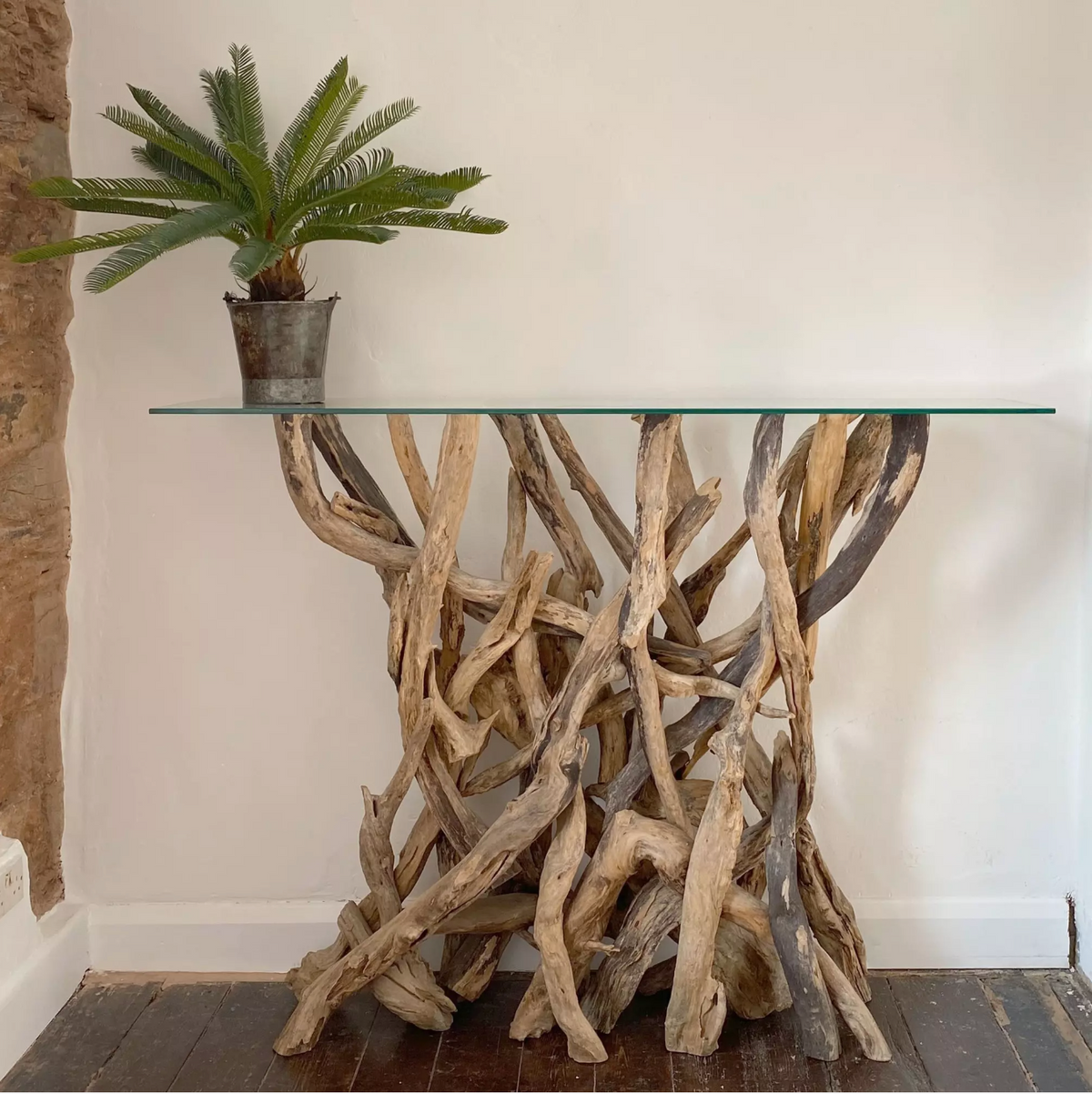 Tall Natural Driftwood Console Table Base with Glass Top Doris Brixham