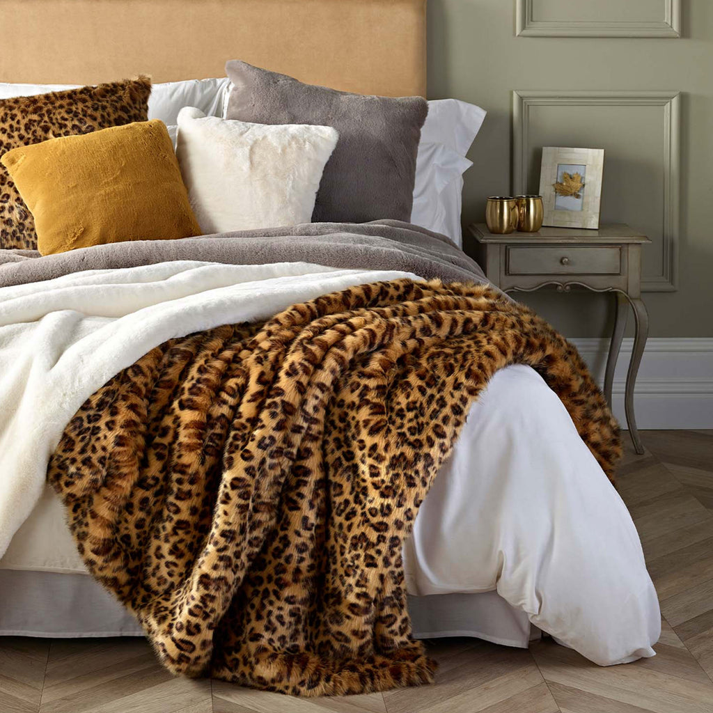 GOLD LEOPARD Faux Fur Throw 140cm x 240cm